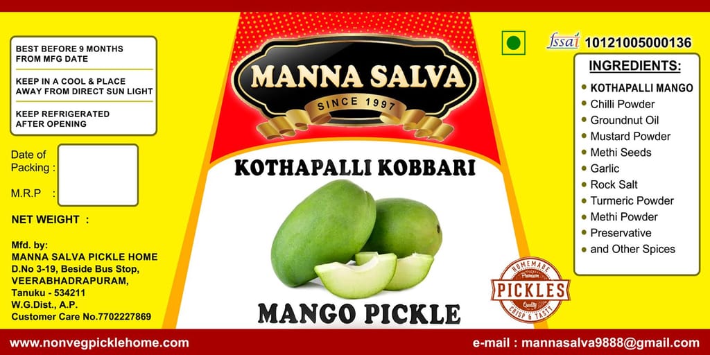 Manna Salva Pickles- Mango Pickle - Kothapalli Kobbari - Veg Pickle