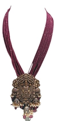 oxidized gold plated temple pendant with ruby beads mala