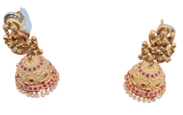 "Exquisite Goddess Lakshmi Antique Gold Plated Jhumka Earrings with Pink Stones and Pearls"