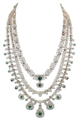 American Diamond And Emerald Three Layer Necklace Set In Gold