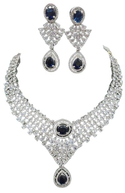 American Diamond Bridal Necklace Set with Earrings in Silver Finish