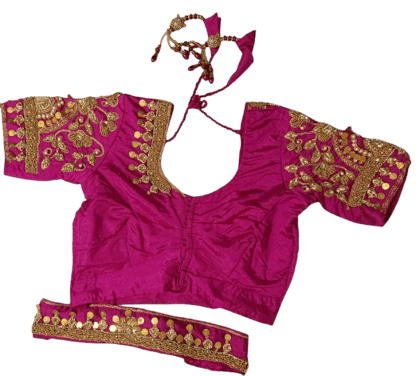Embroidered Magenta Pink Saree Blouse With Belt