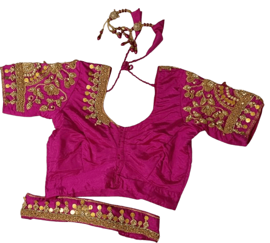 Embroidered Magenta Pink Saree Blouse With Belt