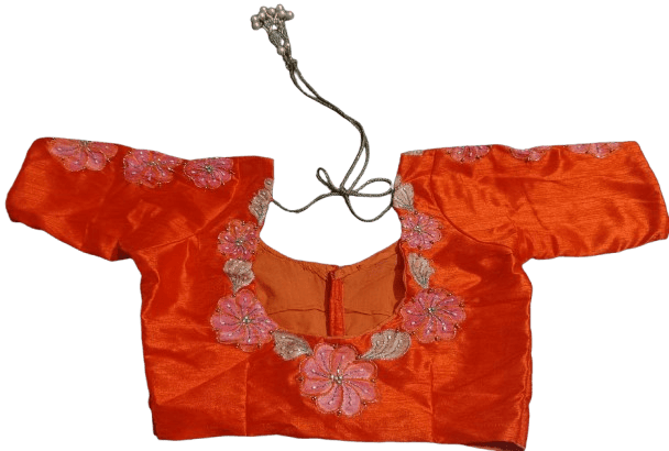 Orange Hand Embroidered Blouse With Floral Motifs