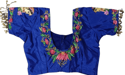 Blue Hand Painted Blouse with Floral Embroidery