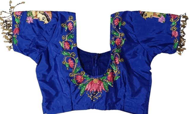 Blue Hand Painted Blouse with Floral Embroidery