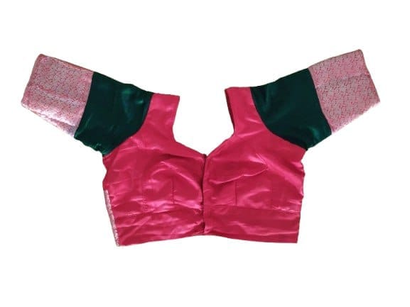 PARVATHI BEHERA WOMEN'S TAILORS - Readymade Pink Color Silk Cotton Blouse With Contrast Green Elbow Sleeves