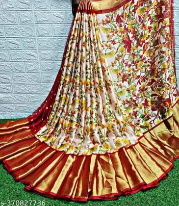 Red & Golden Floral Jacquard Jaree Border Saree With Blouse