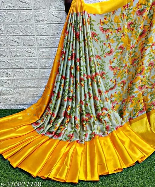 Yellow & Gray Flora Silk Saree