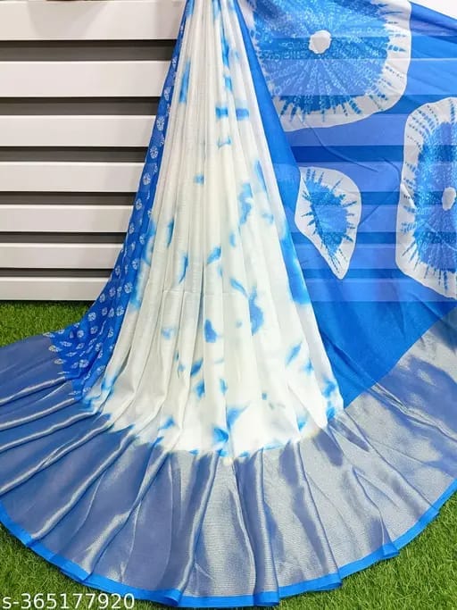 Blue & White Floral Jacquard Jaree Border Saree With Blouse