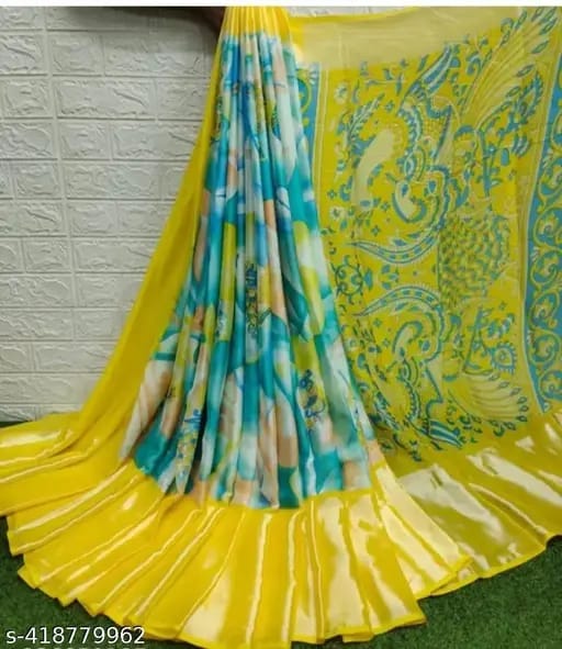 Sky Blue & Golden Yellow Floral Jacquard Jaree Border Saree With Blouse