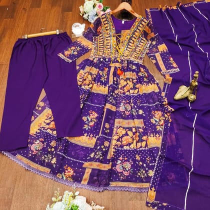 SRI DURGA EMBROIDING - Embroidered Floral Print Anarkali Kurta Palazzo Set With Dupatta