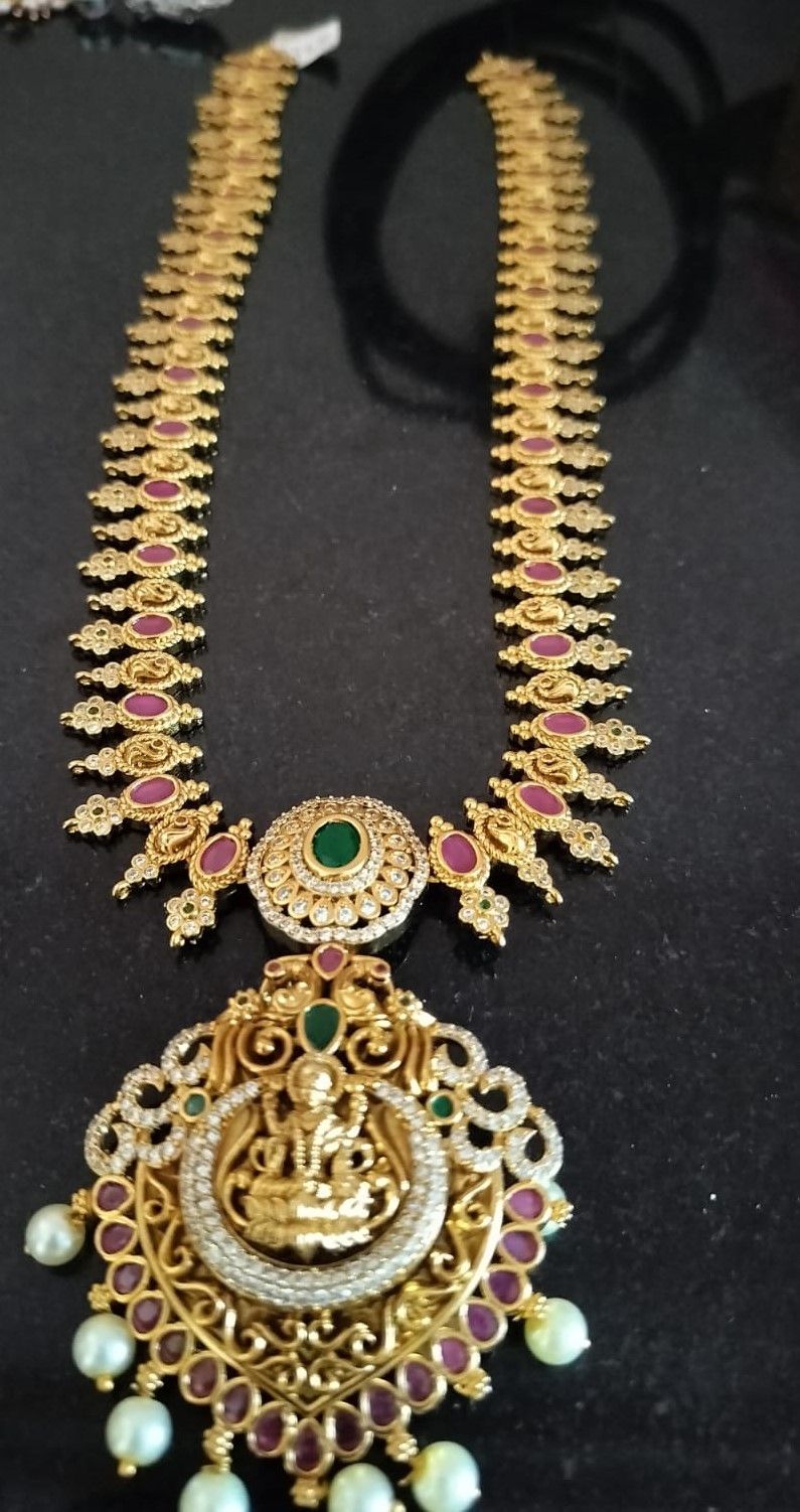 Stunning Lakshmi Pendant Haram Necklace with Ruby Stones and Pearls