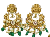 Gold-plated antique finish temple necklace set with green stones and pearls