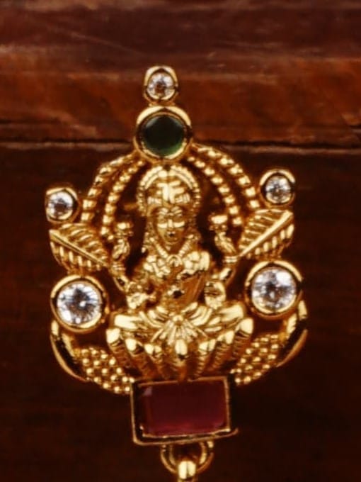 "Goddess Lakshmi Antique Gold Plated Long Jhumka Earrings with Red Beads"