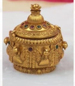 Gold-Plated Filigree Kumkum Box with Stones
