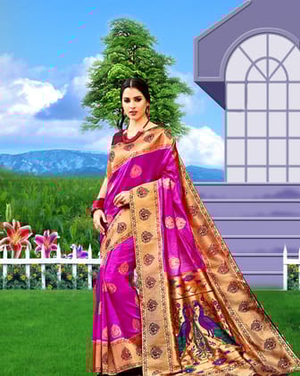 Women Floral Woven Art  Silk Saree  Pink Silk Saree with Golden Border and Peacock Motif