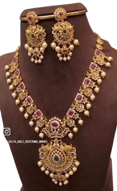 Gold Plated Ruby and Pearl Necklace Set
