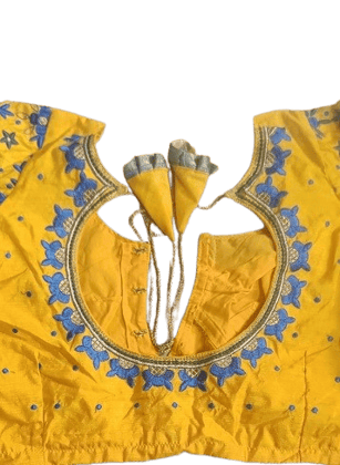 Yellow cotton silk embroidered boat neck blouse