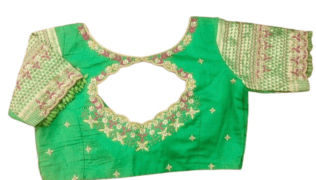 Green embroidered boat neck blouse with mirror work and beads