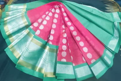 Pink and Green Saree with Silver Zari Border Pink and Green Saree with Silver Zari Border