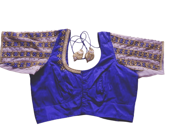 Women's Blue Embroidered Blouse with Elbow Sleeves