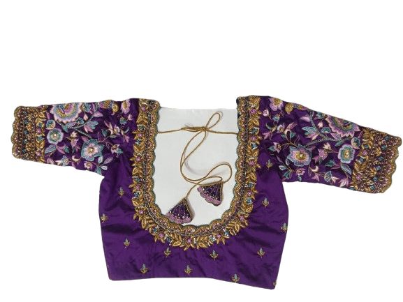 Purple Silk Saree Blouse With Floral Embroidery and Zari Border