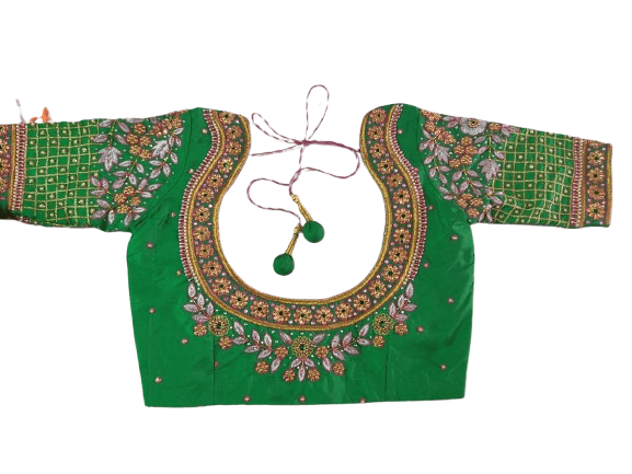Green maggam work blouse with intricate embroidery