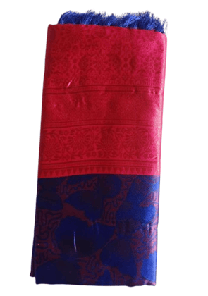 Red and Blue Silk Saree with Floral Brocade and Tassels