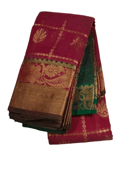 Red and Green Banaras silk Saree with Golden Border