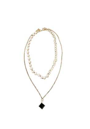 Stylish Two layer chain pendent necklace for women and girls with pearl chain- Pendent- Sqaure Chain Type :Curb Link Chain Weight 12 gram Layer : 2 layer Pendent : Square Plated : Gold