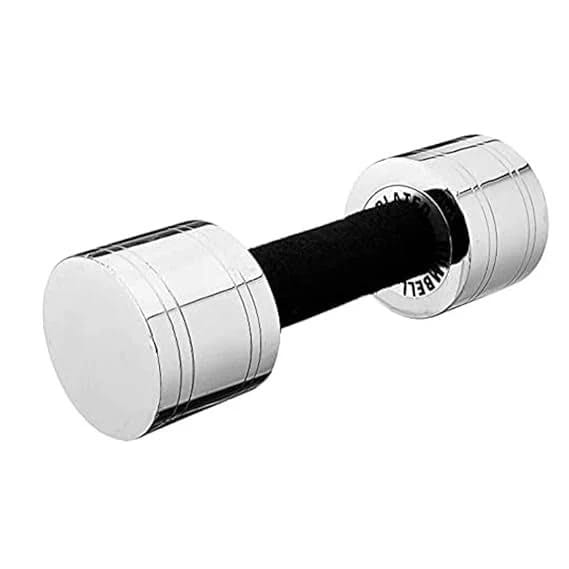 A pair of round metal hand weights with a black grip in the center.