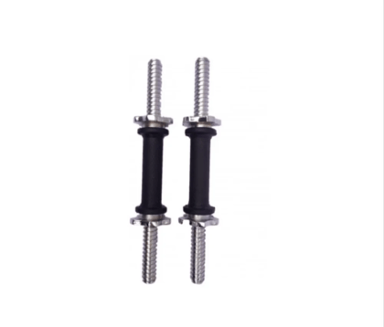  A pair of 15-inch, 1-inch diameter, steel, rubber-coated, weightlifting barbells with a 1-inch diameter hole for attaching weight plates.