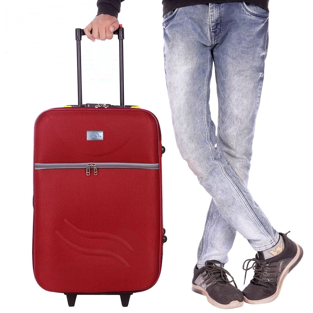 **Red carry-on suitcase with 2 wheels and a retractable handle**