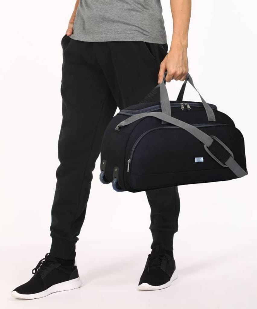 Black Wheeled Duffel Bag with Grey Accents