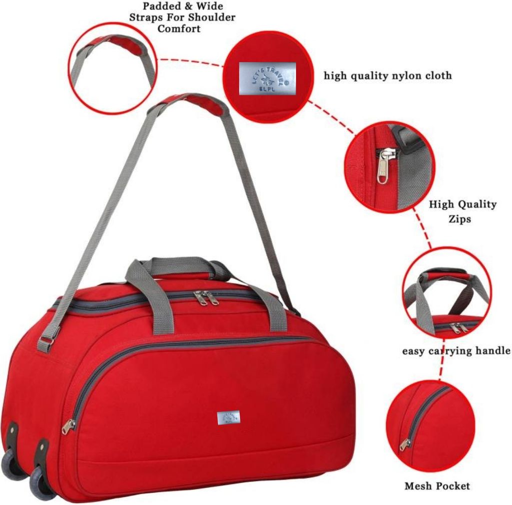 Red 20 Inch Wheeled Duffel Bag with Padded Handles and Adjustable Shoulder Strap