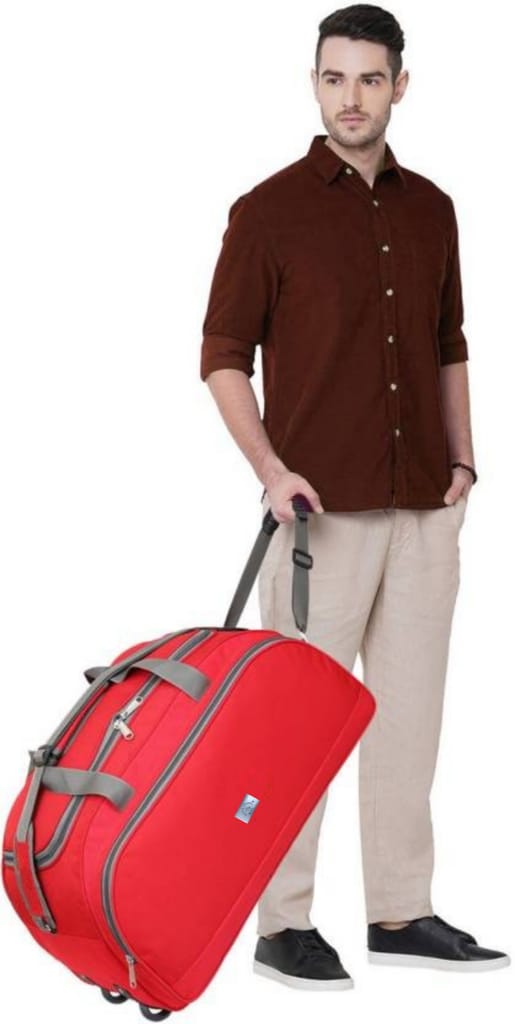 Red 20 Inch Wheeled Duffel Bag with Padded Handles and Adjustable Shoulder Strap