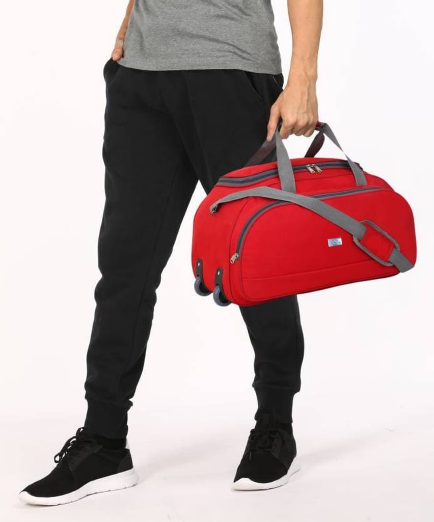 Red 20 Inch Wheeled Duffel Bag with Padded Handles and Adjustable Shoulder Strap