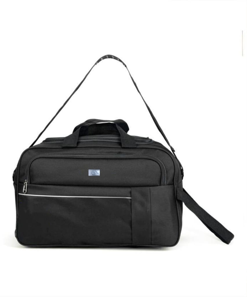 Black Polyester Travel Duffel Bag with Adjustable Shoulder Strap and Front Zippered Pocket
