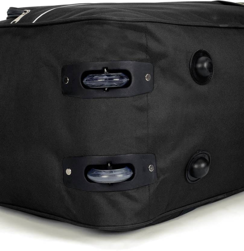 Black Polyester Travel Duffel Bag with Adjustable Shoulder Strap and Front Zippered Pocket