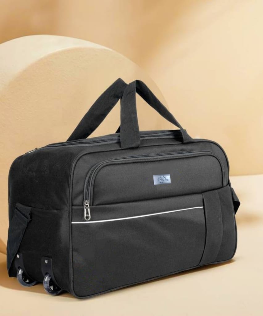 Black Polyester Travel Duffel Bag with Adjustable Shoulder Strap and Front Zippered Pocket