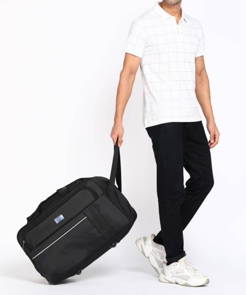 Black Polyester Travel Duffel Bag with Adjustable Shoulder Strap and Front Zippered Pocket