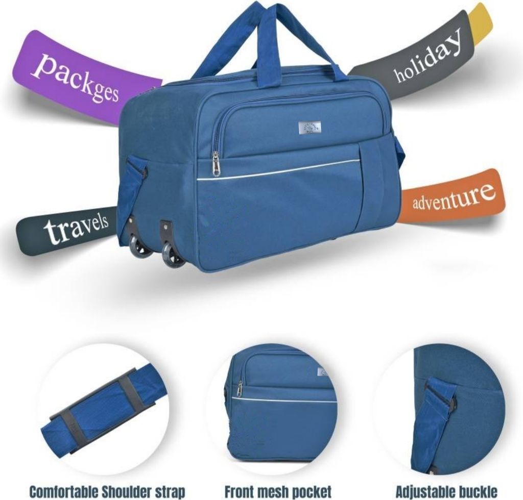 Large Capacity Travel Duffel Bag with Wheels for Men and Women, 20 Inch Blue Wheeled Carry-On Luggage Bag with Multiple Compartments and Adjustable Shoulder Strap"