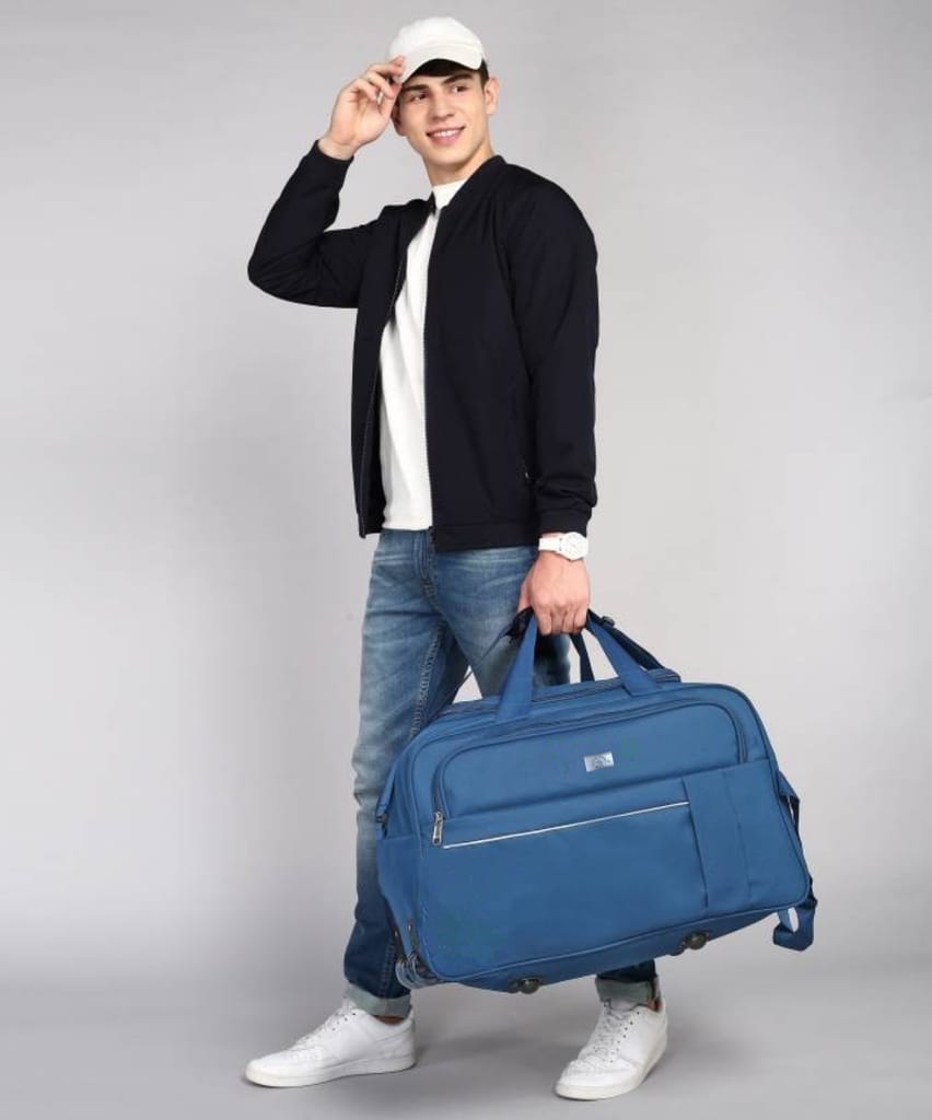 Large Capacity Travel Duffel Bag with Wheels for Men and Women, 20 Inch Blue Wheeled Carry-On Luggage Bag with Multiple Compartments and Adjustable Shoulder Strap"