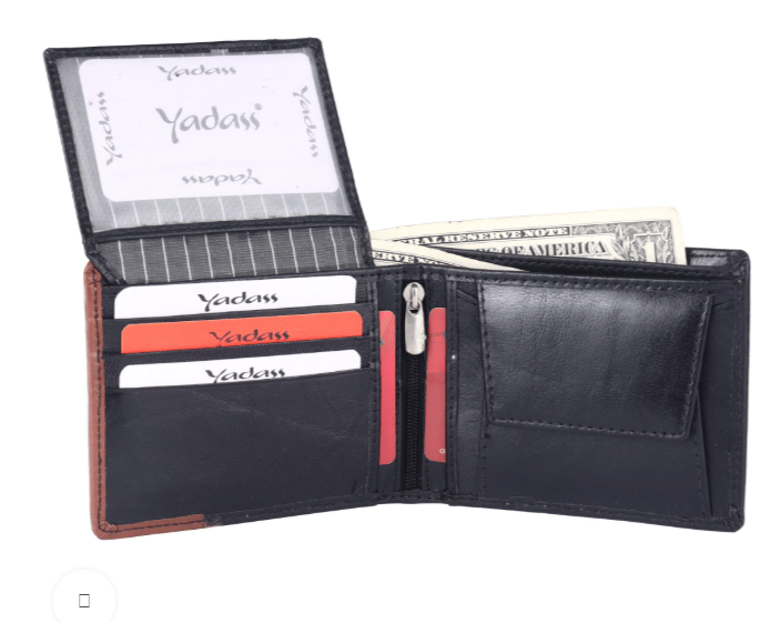 Black Leather Bifold Wallet with Brown Accent