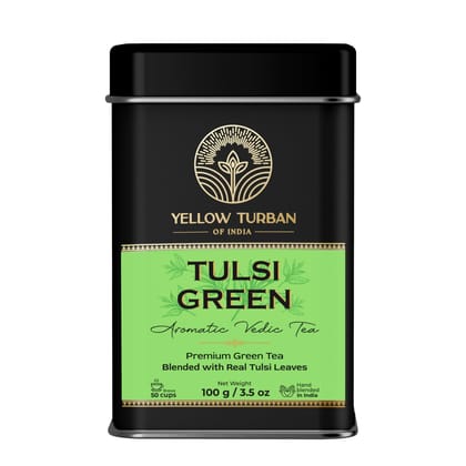 Yellow Turban Tulsi Green Masala Chai Mix, 100% Natural Green Tea, Makes 50+ Cups, Premium Loose Leaf Tea Herbs and Spice Blend, All Natural, 100g, Vacuum Packed For Freshness.