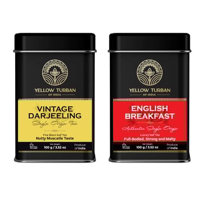 Yellow Turban Vintage Darjeeling, Single Origin Tea and English Breakfast Tea, Nutty Muscatale Taste 100g Each, Makes 50 Cups Each Yellow Turban Vintage Darjeeling, Single Origin Tea and English Breakfast Tea, Nutty Muscatale Taste 100g Each, Makes 50 Cups Each