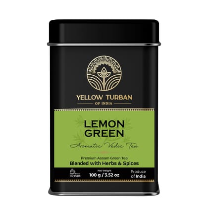 Yellow Turban Lemon Green Tea Mix, 100g, 100% Natural Green Tea, Makes 50 cups, Premium Loose Leaf Tea Blended with Aromatic Herbs, All Natural, Vacuum Packed For Freshness.