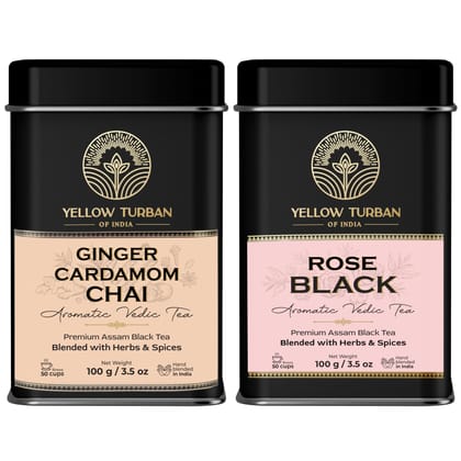 Yellow Turban of India Aromatic Vedic Tea Combo, Ginger Cardamom Chai and Rose Black Tea, Premium Assam Black Tea, 100g Each, Aromatic Herbs and Spices Blend. Vacuum Packed For Freshness.