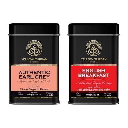 Yellow Turban of India Authentic Earl Grey and English Breakfast Tea, 100g Each, Luxury Leaf Tea, Makes 50 Cups Each, Combo Pack. Yellow Turban of India Authentic Earl Grey and English Breakfast Tea, 100g Each, Luxury Leaf Tea, Makes 50 Cups Each, Combo Pack.